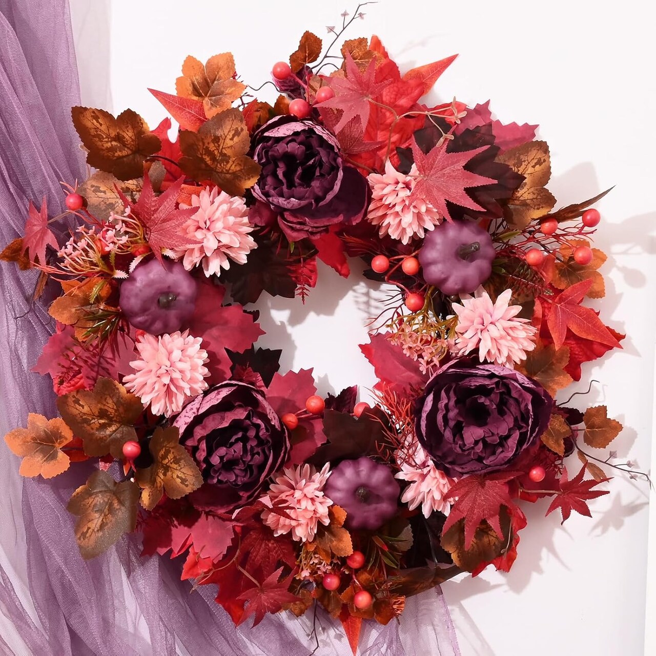 Fall decorations Fall Wreaths for Front Doors, 18-Inch Autumn Wreath with Fake Flowers. Pumpkins, Maple Leaves, and Fall Wreaths for Front Door Outdoor Thanksgiving Decor
